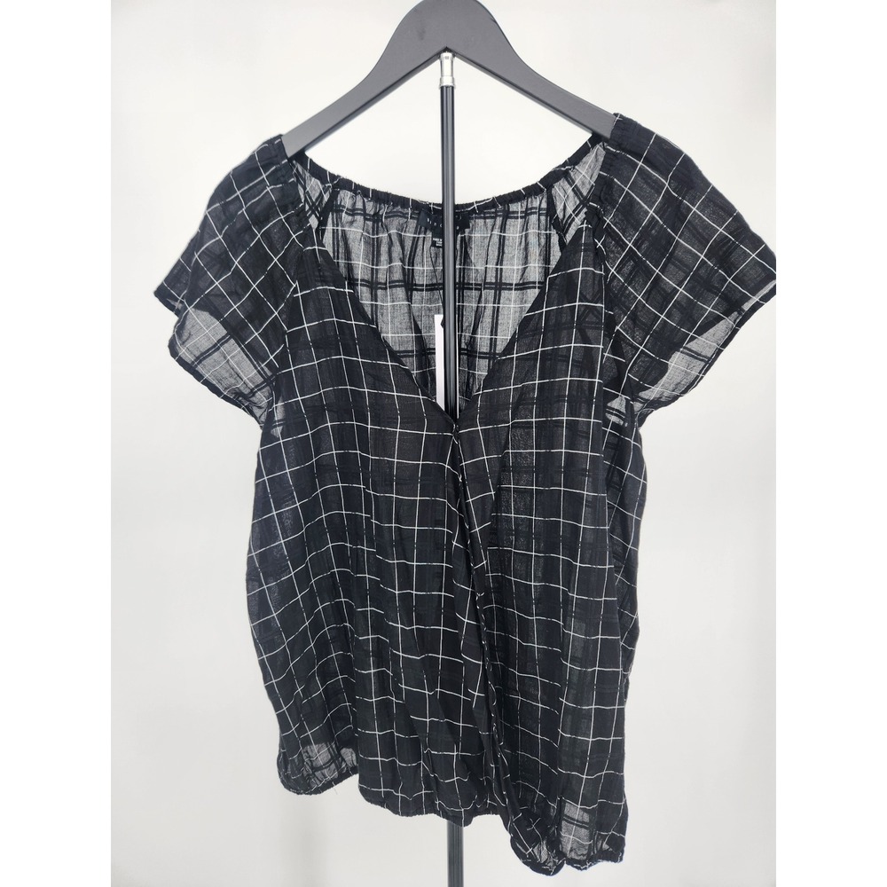 Sanctuary Windowpane Check Surplice Blouse Black White XL New